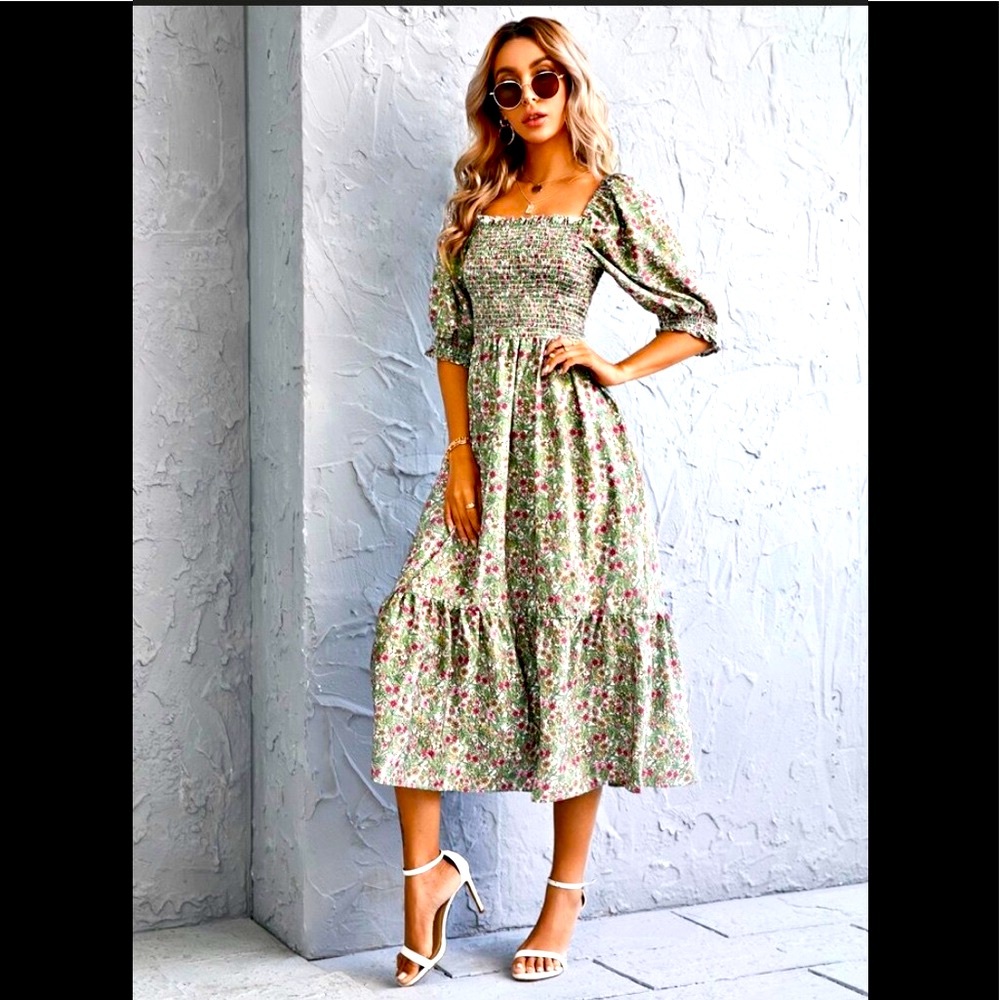 Gorgeous Floral Ruffle Hem Shirred Dress